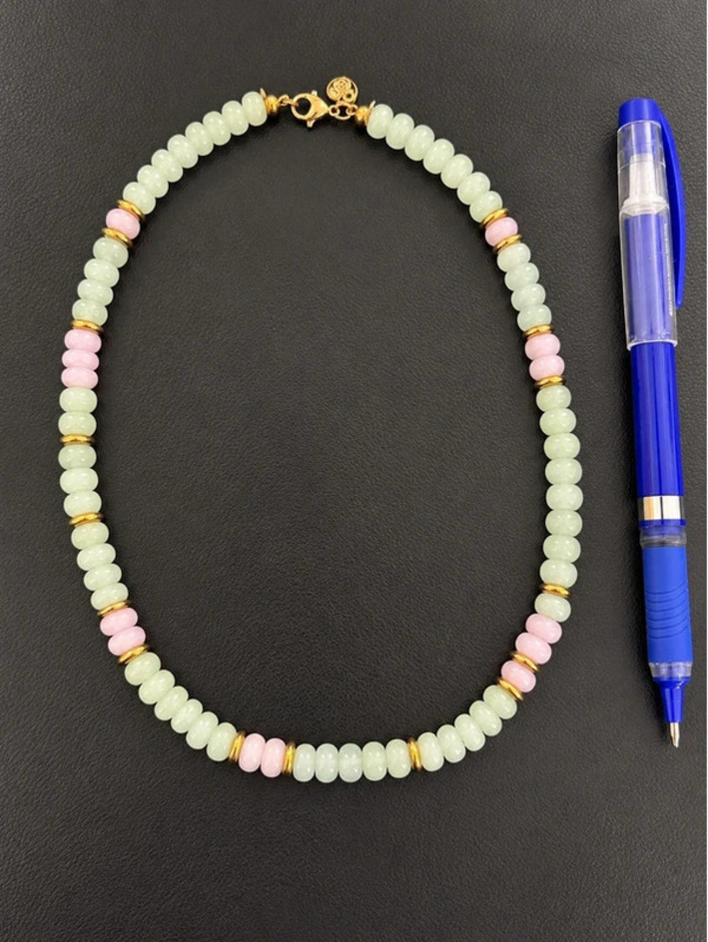 Pale Green and Pink Beaded Necklace with Gold Tone Accents